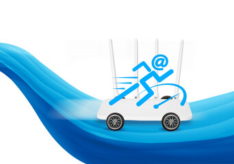 Fast internet connection. Wi-Fi router with wheels and human figure with email address symbol as...