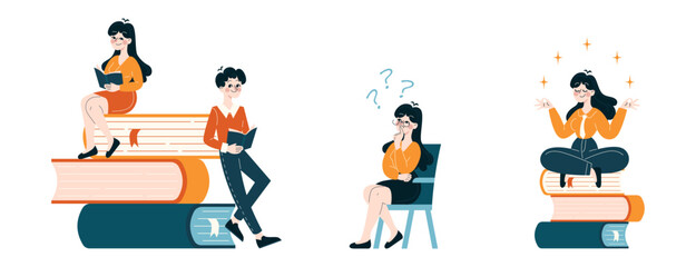 Knowledge Growth set. Individuals engrossed in reading, pondering, and meditating atop a pile of books. Lifelong learning and idea development. Flat vector illustration