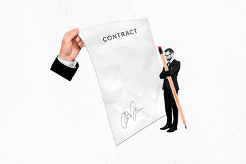Photo illustration banner poster collage standing young businessman hold pencil huge arm contract...