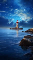 Tuinposter lighthouse in the sea at night © Maizal