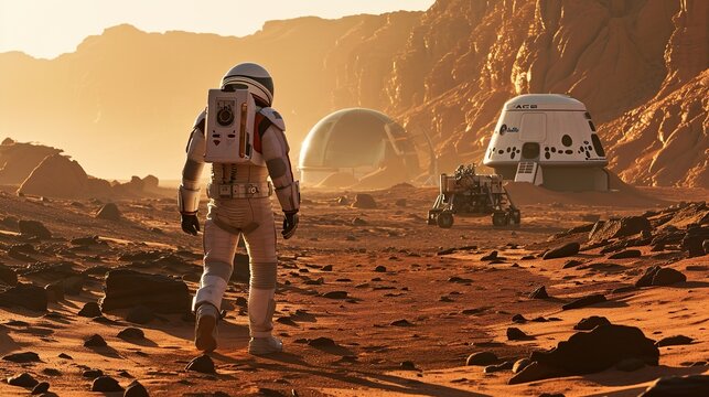 An astronaut in a spacesuit explores rocky terrain resembling Mars with space habitat modules in the background.
