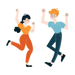 Workplace celebration concept. A pair of employees exuding joy with raised arms and cheerful gestures. Sharing success and happiness at work. Flat vector illustration