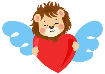 Cute lion holding a red heart with wings