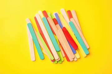 pile of colorful popsicle sticks on yellow background