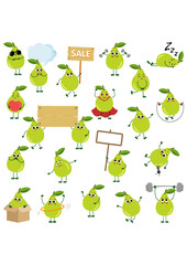 Set of digital elements with funny green pear mascot