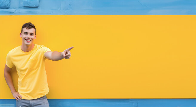 A joyful man stands on a yellow background and points his finger to the side
