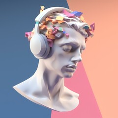 Gypsum Statue in Headphones on Colored Abstract Background

