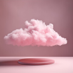 Beautiful, attractive 3D background for your product. Mock-up, template. A podium with a cloud hanging behind it.
