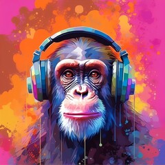 Portrait of a Monkey with Headphones on a Colorful Background

