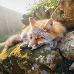Cute fox sleeps on a stone in the mountains
