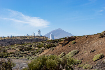 Landscape with Izana astronomical observatory and Teide Volcano in background. Tenerife. Canary Islands, Spain
