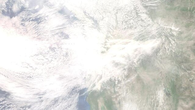 Earth zoom in from space and focus on Canby, Oregon, USA. 3D Animation. Satellite view. Background for travel intro. Images from NASA.