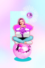 Vertical photo collage of birthday girl sitting on big disco ball smile hold gift box present at...