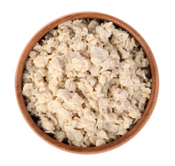 Tasty boiled oatmeal in bowl isolated on white, top view