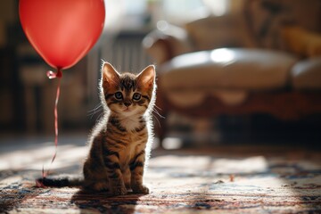 Little kitten in the living room with a red balloon. Gift concept