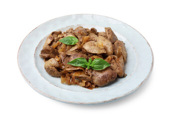 Plate of delicious fried chicken liver with onion and basil isolated on white