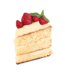 Piece of tasty cake with fresh strawberries and mint isolated on white