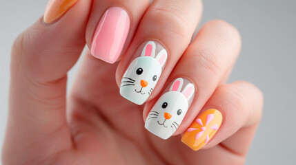 cute nail art idea with easter bunny  - obrazy, fototapety, plakaty