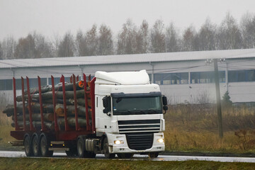 A semi-truck with a trailer full of logs drives on a motorway. The truck is delivering wood for the...