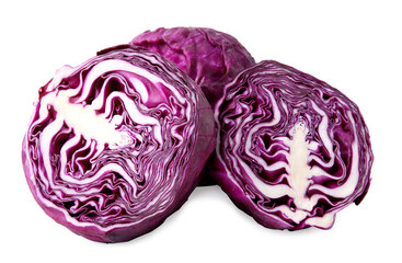 Obraz premium Whole and cut fresh red cabbages isolated on white