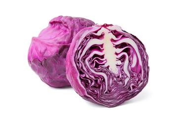 Whole and cut fresh red cabbages isolated on white