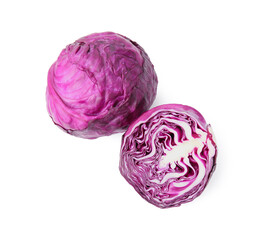 Whole and cut fresh red cabbages isolated on white, top view