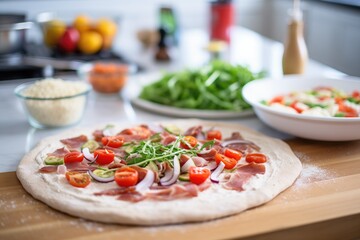 preparation of sourdough pizza base with toppings aside