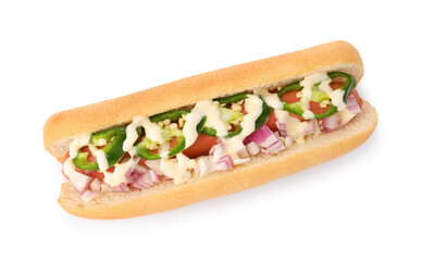 Delicious hot dog with onion, chili pepper and sauce isolated on white, top view