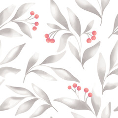 Seamless floral pattern, natural watercolor ornament in a vintage motif. Old fashion botanical print design: hand drawn small berries, large leaves abstract on a white background. Vector illustration.