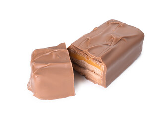 Pieces of tasty chocolate bars with nougat on white background