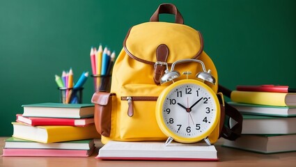 Yellow backpack with alarm clock and school equipment. Back to school concept on green background