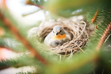 focused shot of nest upon pine branch