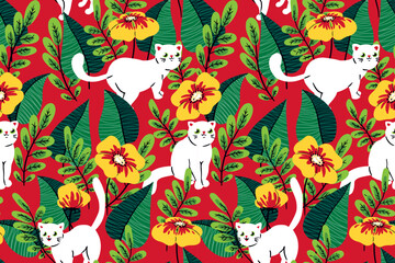 Seamless floral pattern with animals and plants in retro style. Cute botanical print design: pretty hand drawn white cats and kittens, large flowers, leaves on red. Vector wallpaper illustration.