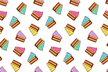 Slice of Cake Vector Seamless Pattern. Vibrant Color Sweet Pieces of Cake on White Background.