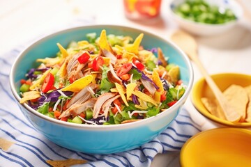 colorful taco salad with shredded cheese and tortilla strips in a bowl