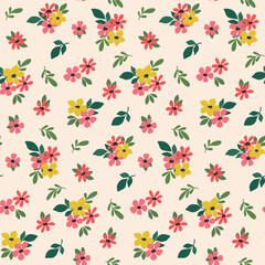 Seamless floral pattern, liberty ditsy print in a pretty folk motif. Simple cute botanical design for fabric, wallpaper, surface: small hand drawn flowers, little bouquets. Vector flower illustration.