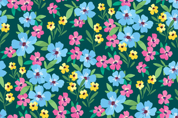 Seamless floral pattern, colorful ditsy print with liberty summer meadow. Cute botanical design, wallpaper: small hand drawn flowers, tiny leaves, grass abstract on a green field. Vector illustration.