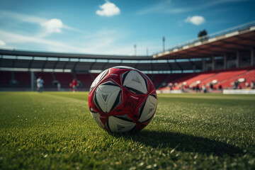 Soccer ball on a lawn. Football match. Ball in a football stadium. Football picture. AI. - obrazy, fototapety, plakaty