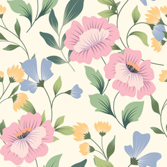 Seamless floral pattern, abstract ditsy print in delicate vintage style. Romantic botanical design: hand drawn flowers, leaves, branches on a white field. Vector fabric flower, wallpaper illustration.