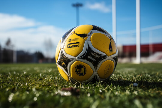 Soccer ball on a lawn. Football match. Ball in a football stadium. Football picture. AI.
