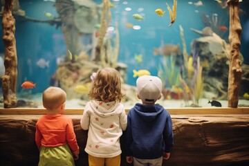 children watching fish at an aquarium