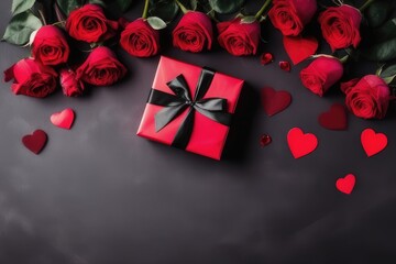 red rose and gift on a wooden background