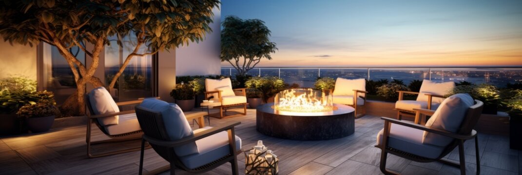 outdoor seating area with several chairs arranged around a fire pit on residential house terrace