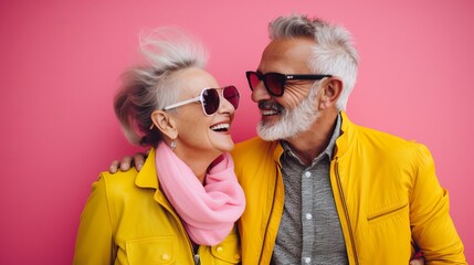 Obraz premium An elderly couple dressed in crazy colours is happy, having fun and laughing.