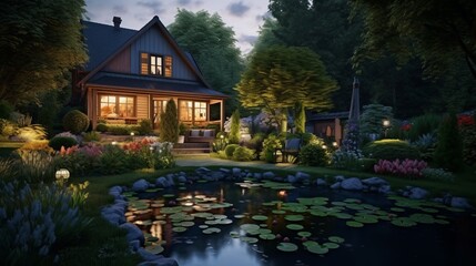 Obraz premium Lonely illuminated villa in nature by a pond at dusk