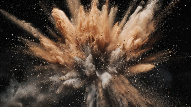 Close-up Dust And Ash Explosion In Slow Motion On Black Background. Copy paste area for texture