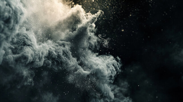 Close-up Dust And Ash Explosion In Slow Motion On Black Background. Copy paste area for texture