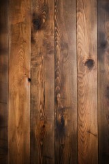 Fototapeta premium Wood plank top desk background, above view. Closeup grunge brown wooden oak table Generative AI