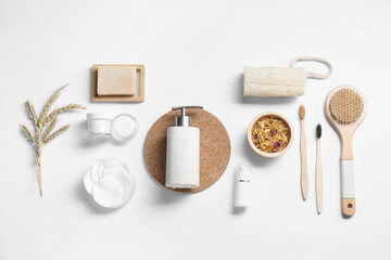 Naklejka premium Bath accessories. Flat lay composition with personal care products on white background