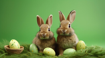 Fototapeta na wymiar Easter bunnies sitting in the grass with Easter eggs, generative AI